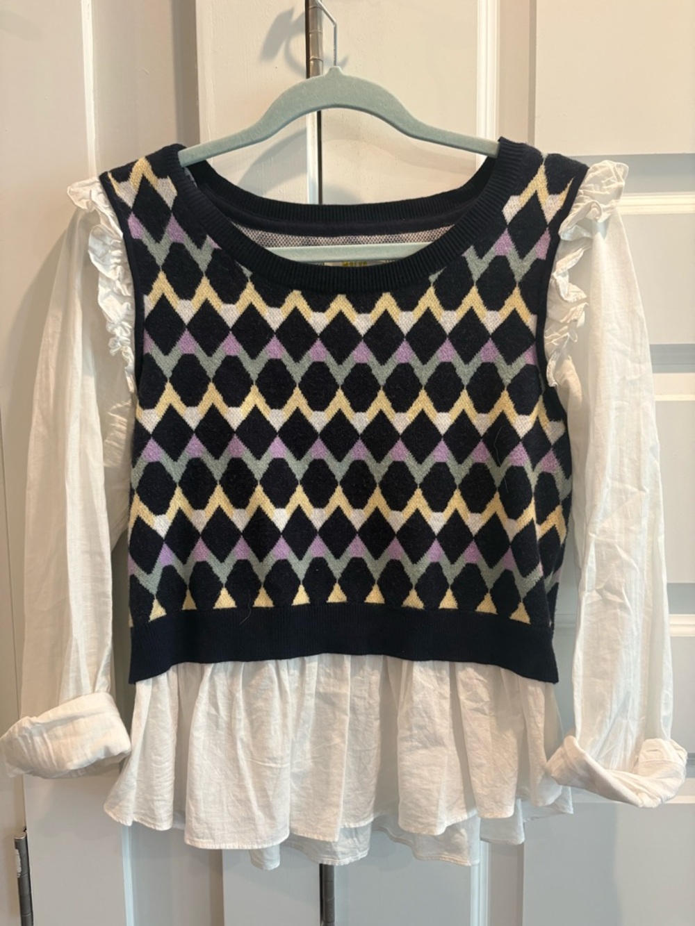 Maeve Anthropologie - Argyle Knit Sweater Vest Layered over White Blouse